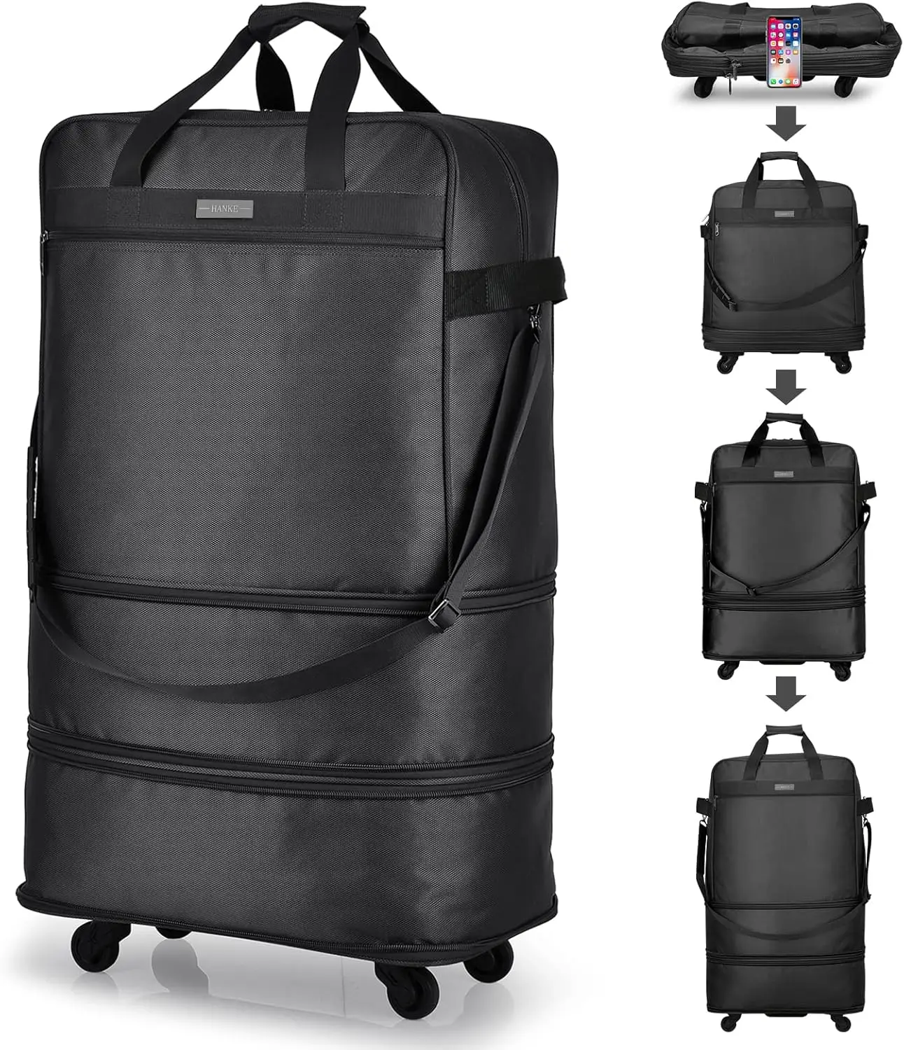 

Expandable Foldable Luggage Bag with Wheels, Lightweight Rolling Travel Suitcase for Men and Women in Black