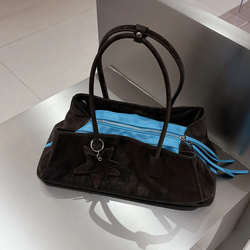 Vintage Tassel Star Pendant Patchwork Color Tote Bag Multi Compartment Large Capacity Zipper Shoulder Bag  Simple Fashion Bag