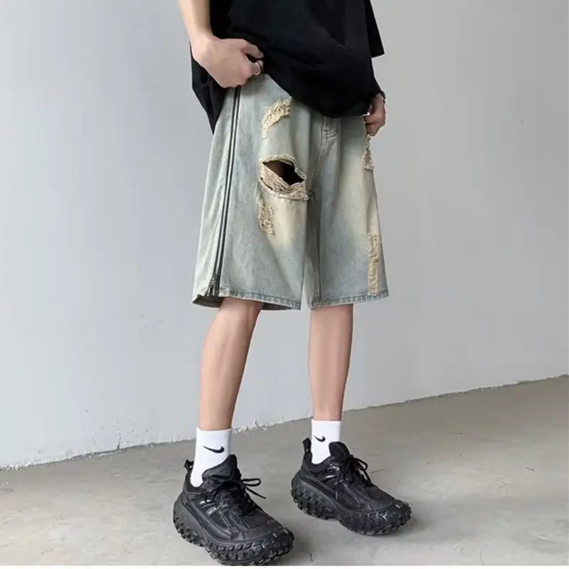 y2k Ripped Denim Shorts for Men Summer Ins korean Fashion Streetwear Hip Hop Loose Straight Jeans Shorts Men Cargo Denim Shorts