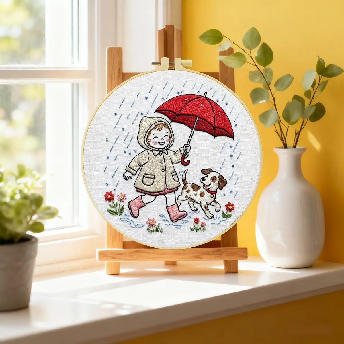 1 Stück 20X20CM/15X15CM 7,87/6,3 Zoll Das glückliche Mädchen im Regen Stickerei-Starter-Kit DIY-Kit DIY-Stickerei-Kit Handarbeiten – Detail 1