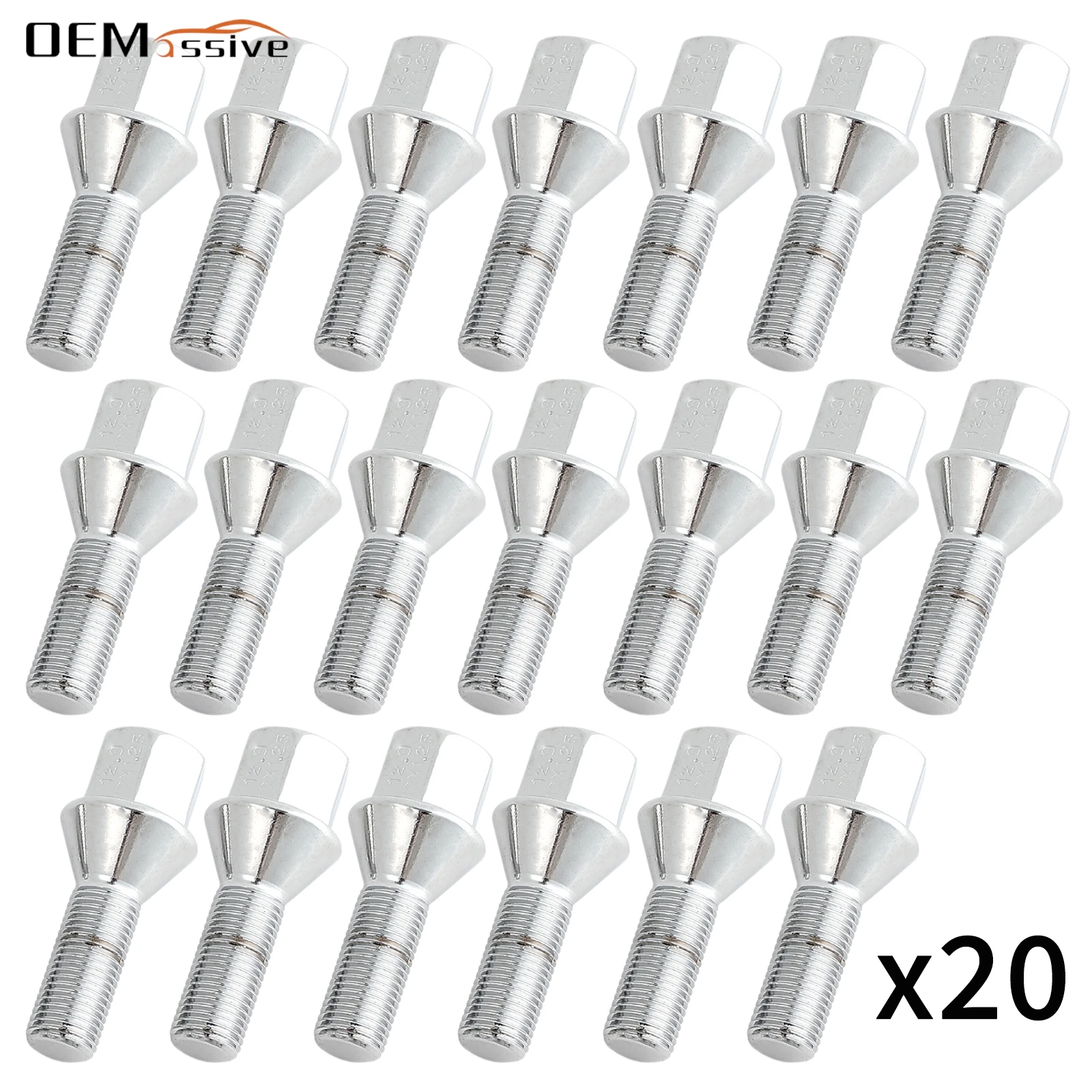 

20x для Chrysler 200 2015-2017 Jeep Cherokee Renegade 2014-2022 Dodge Dart 2012-2016 M12x1,25 мм, болты с проушинами колеса, гайки 28 мм, серебро