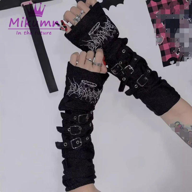 Gothic Harajuku Punk Style Haftowane paski Pół palca Długie rękawiczki Y2k Fairy Grunge Kobiety Metalowa klamra Rękawiczki bez palców