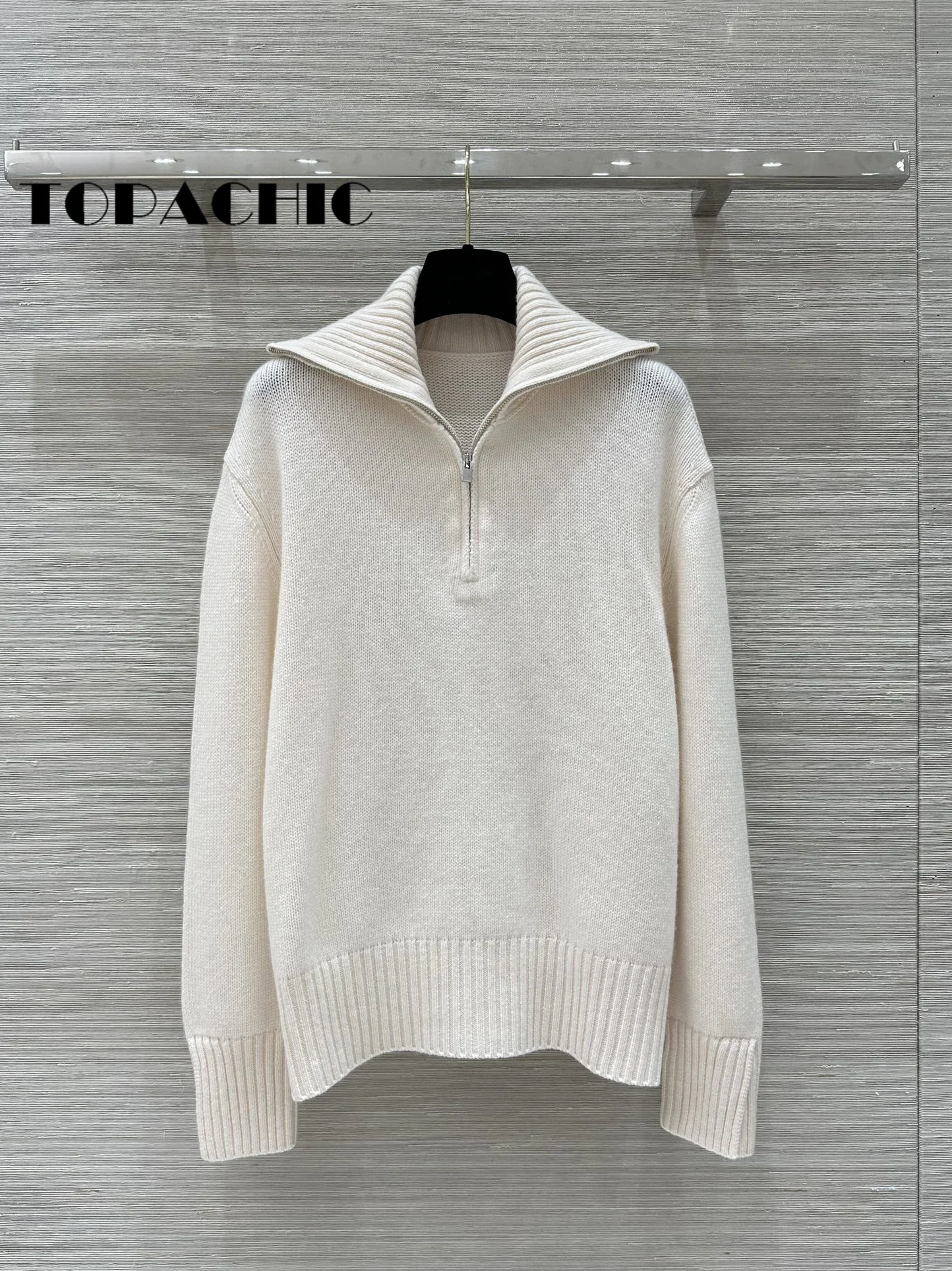 5.8 TOPCHIC-Women Solid Color Half Zipper Lapel Cashmere Knitwear Cuff Split Soft Comfortable All-matches Knitted Sweater