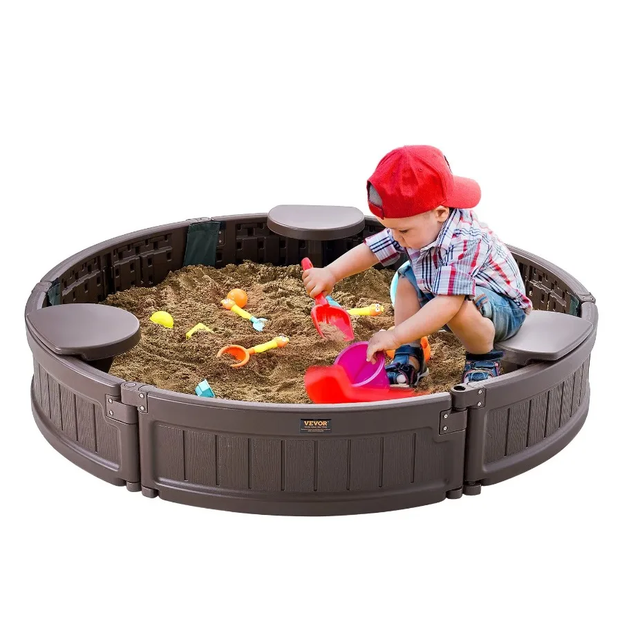 VEVOR Round Sand Box 47.2 x 9.1 in HDPE Sand Pit with Cover Corner Seating Bottom Liner Outdoor Backyard Beach Park Gift for Bo