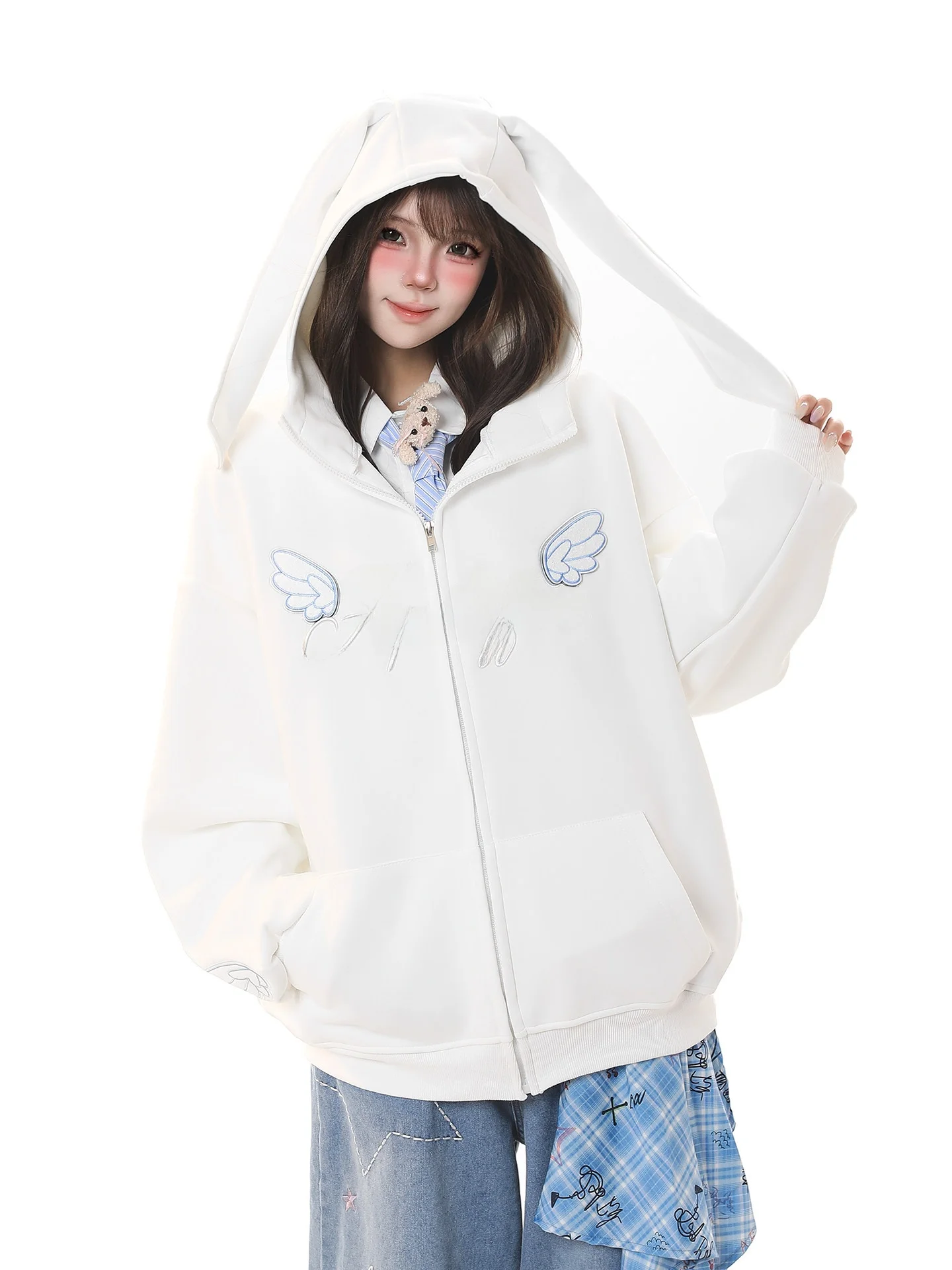 

Корейская милая толстовка с капюшоном и ушками кролика на молнии, женская весенняя очень красивая свободная толстовка-кардиган на молнии