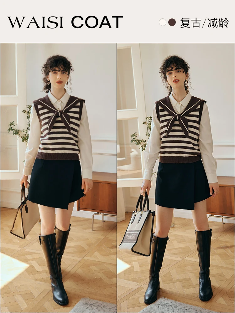 

OLrain женский полосатый вязаный свитер, жилет, осень 2022, винтажный трикотаж в консервативном стиле, дизайнерский топ без рукавов для женщин O23QJ65983