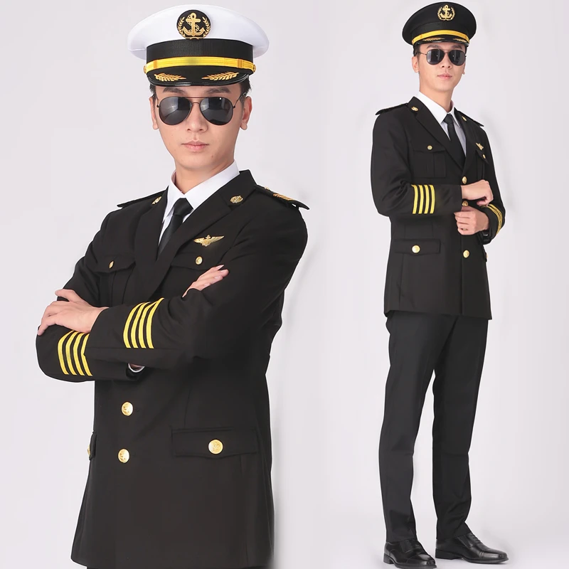 Cruise Ship Captain Navy Uniform Sailor Crew Member Black Hat Coat Pants And Accessories Men Spring Autumn Suit Yacht Work Set