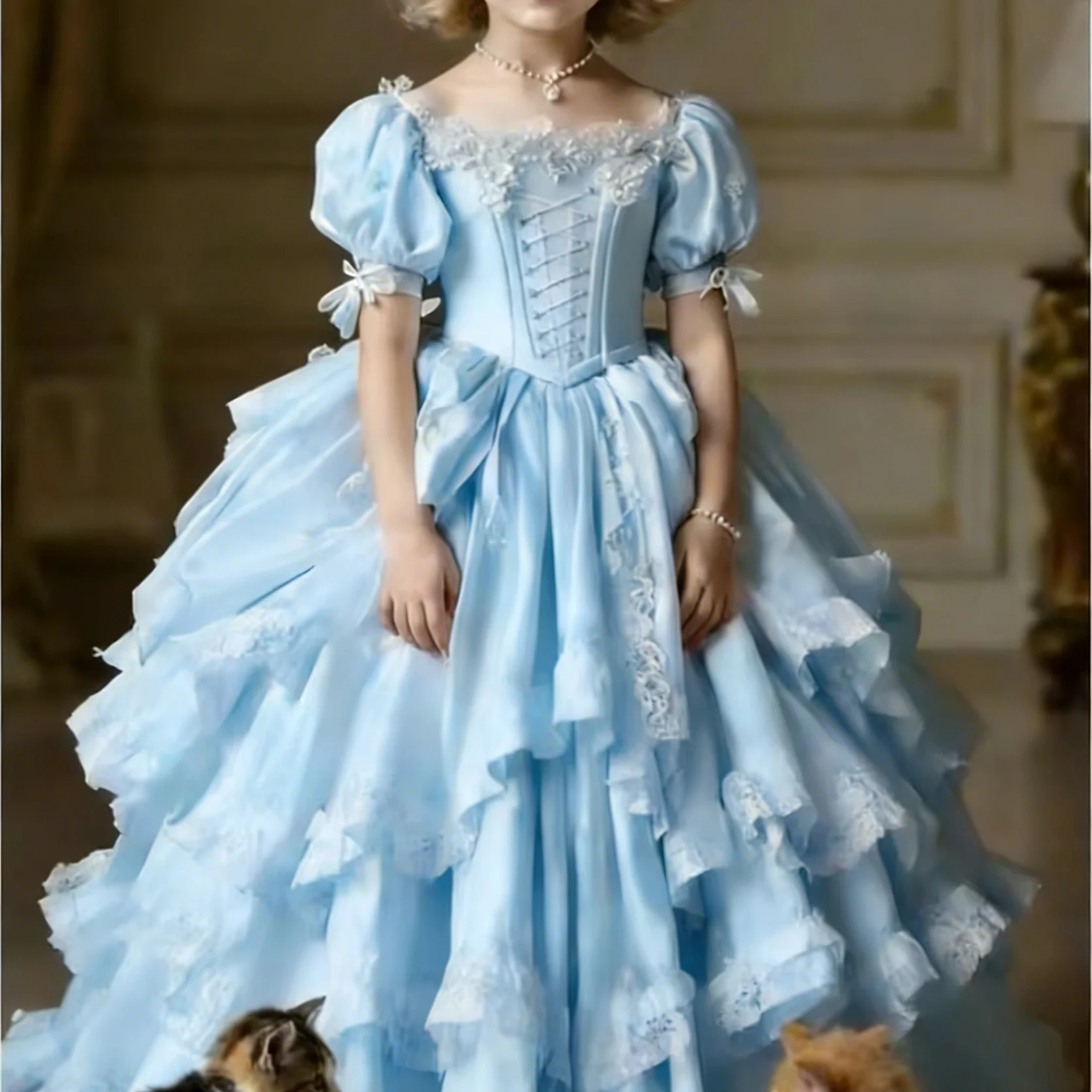 Customized Flower Girl Dress for Wedding Bow Lace Tiered Short Sleeve Floor Length Elegant Kids Birthday First Communion Gown