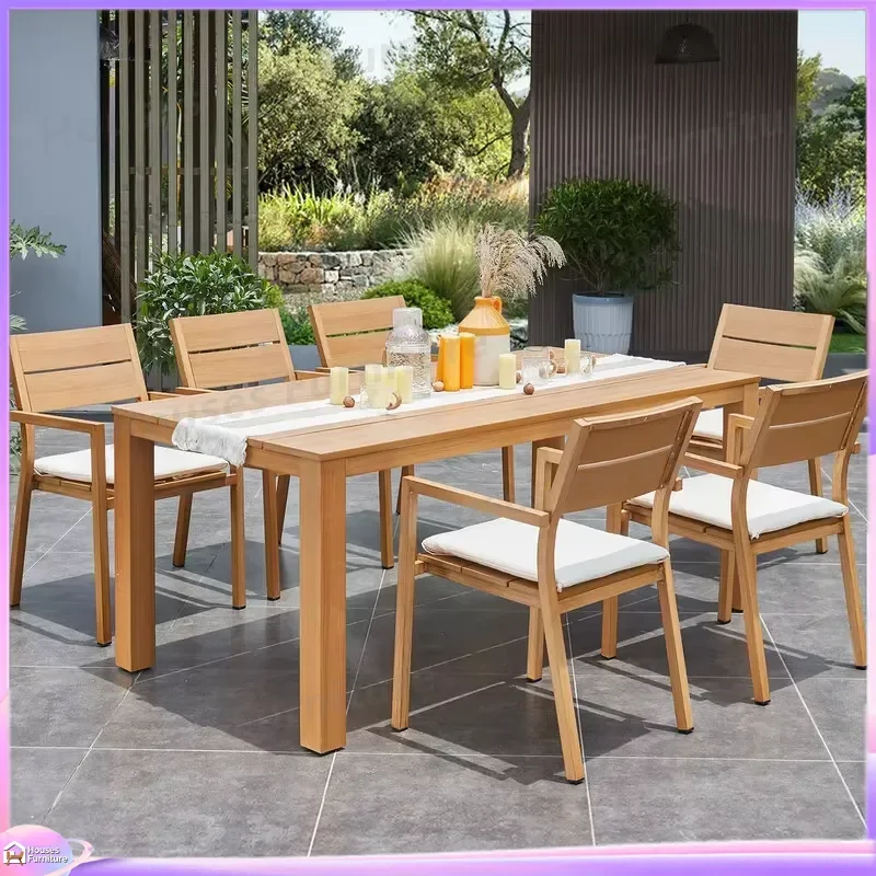 Outdoor Patio Furniture Set Aluminum Alloy Wood Grain Waterproof Sunproof Garden Sofa Table Chair Modern Simple Hotel Yard