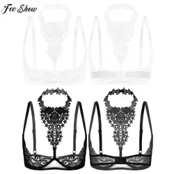 Women See-through Floral Lace Sheer Underwired Push Up Bra Tops Halter Bare Breast Underwear for Lingerie Night Honeymoon