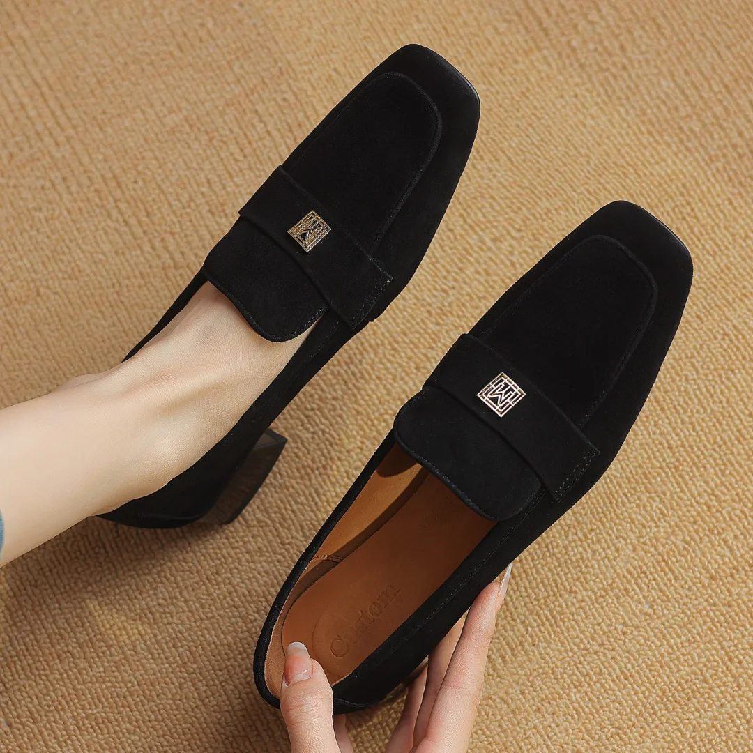 2024 Spring new women\'s natural suede leather square toe slip-on flats loafers high quality soft comfortable female moccasins 42