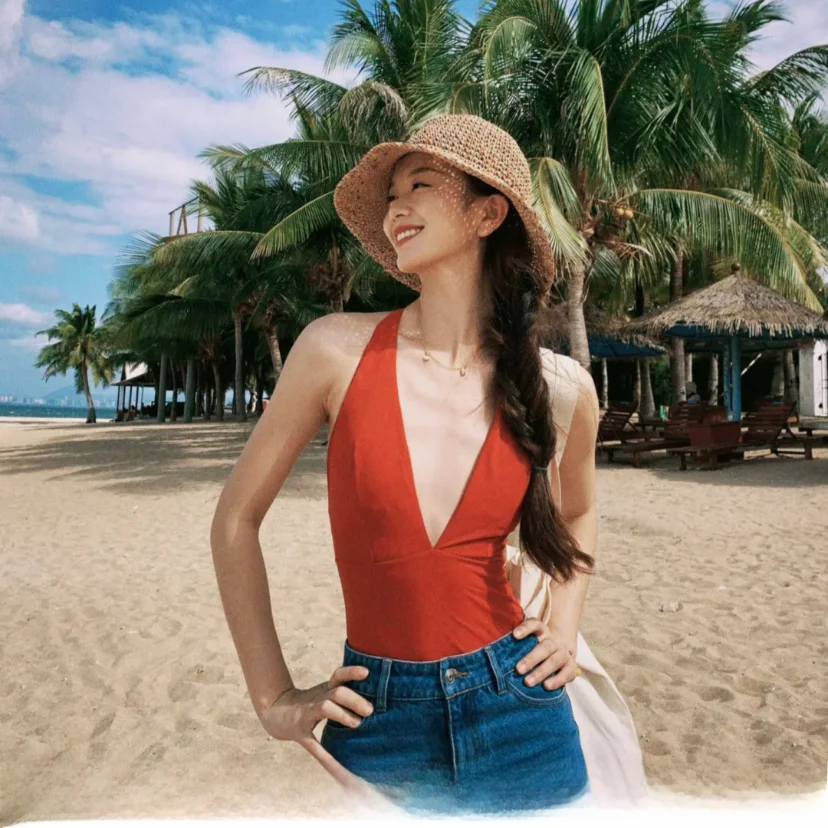 

Red Sexy Deep V Neck Backless Swimsuit Women's Vacation Thermal Spa Suit Slimming Cover up Casual Swimwear