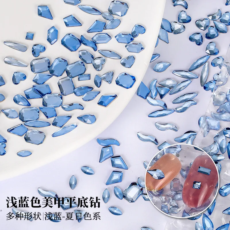 100/500pcs Lt.Blue Boutique Flat bottom nail art rhinestones Glass crystal 3D nail decoration Multiple shapes wholesale