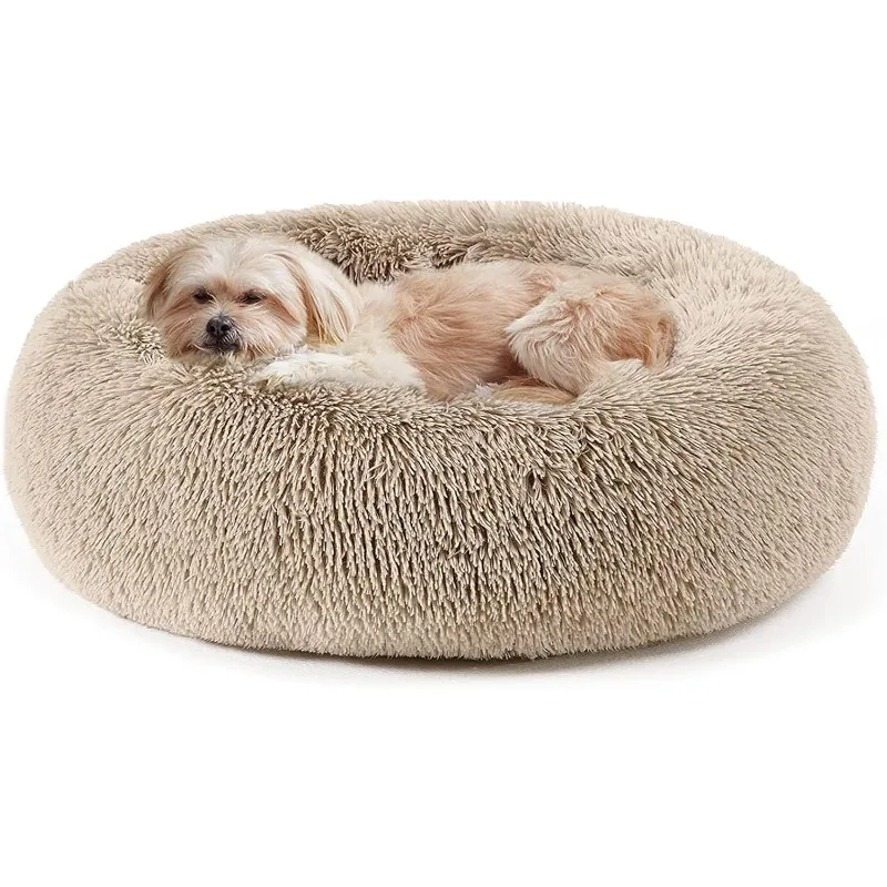 Cama calmante para cães e gatos, anti-ansiedade, donut, aquecimento, cama redonda macia e aconchegante, cama de almofada de pelúcia de pele sintética fofa