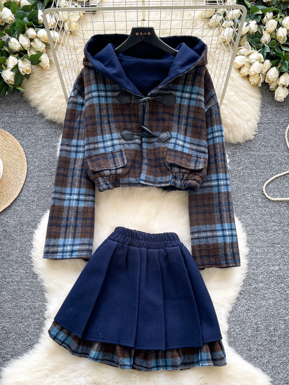 

Корейский комплект Sle Faion, женское клетчатое пальто с пуговицами, плиссированная юбка с высокой талией, осенний сезон, повседневная рабочая одежда