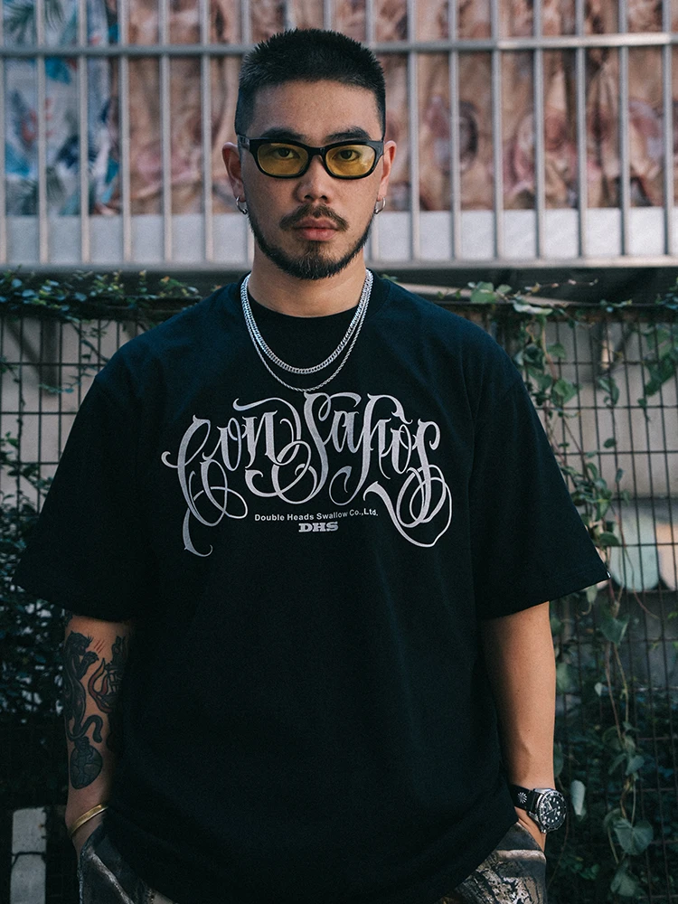 

Double-Headed Swallow Tattoo Streetwear T-Shirt Street Dance Graffiti Culture Pure Cotton round Neck Short Sleeve Loose Fit