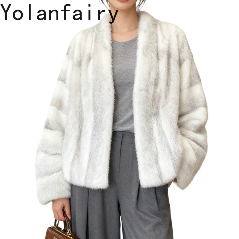 

YOLANFAIRY High-end Whole Cross Mink Fur Coats for Woman Luxury Winter V-neck Real Fur Coat Mink Jacket New Style Abrigos Mujer