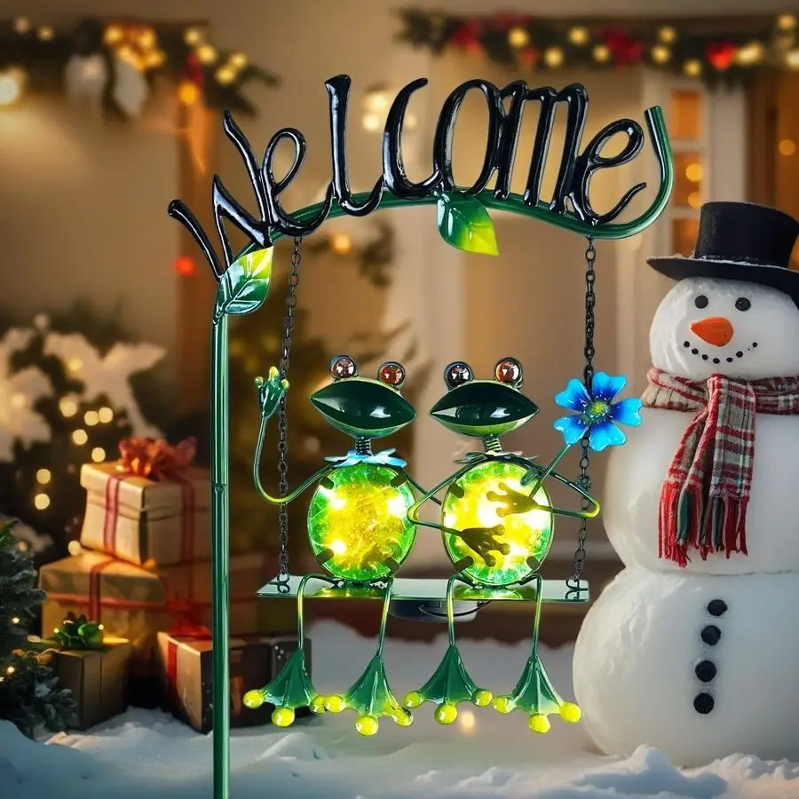 

Солнечные фонари для улицы, водонепроницаемые, декор для сада в виде лягушки-качалки, декоративная лягушка-шестикрепление с табличкой «Добро пожаловать», подарки для ландшафтного дизайна, патио, двора