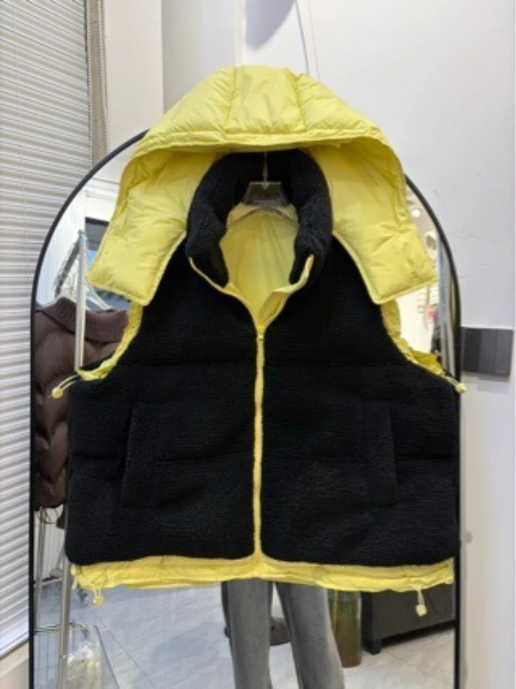 Vest 2026 Winter New Trendy Color Block Down Hooded Thick Ultra Warm Cozy Quilted Designer Eco Fleece Parka Style Outerwear
