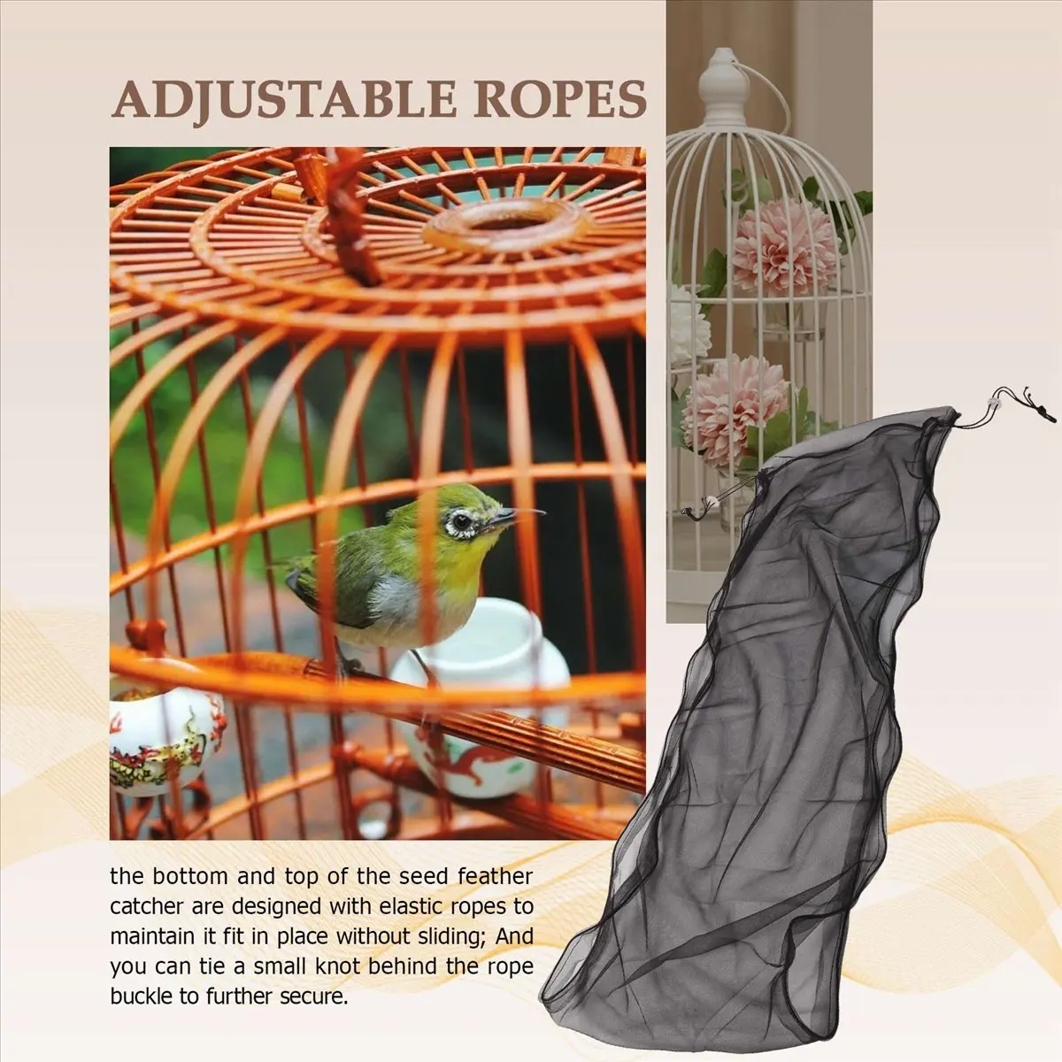 AT16 3Pcs Large Adjustable Bird Cage Cover Seed Catcher Universal Birdcage Nylon Mesh Net Cover Soft Skirt Guard