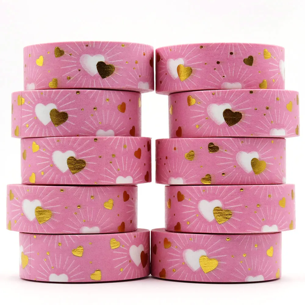 NEW 10pcs/Lot 15mm*10m Gold Foil Pink Golden Heart Love Decorative Washi Tape Stationery Colourful Tape Office Supplies