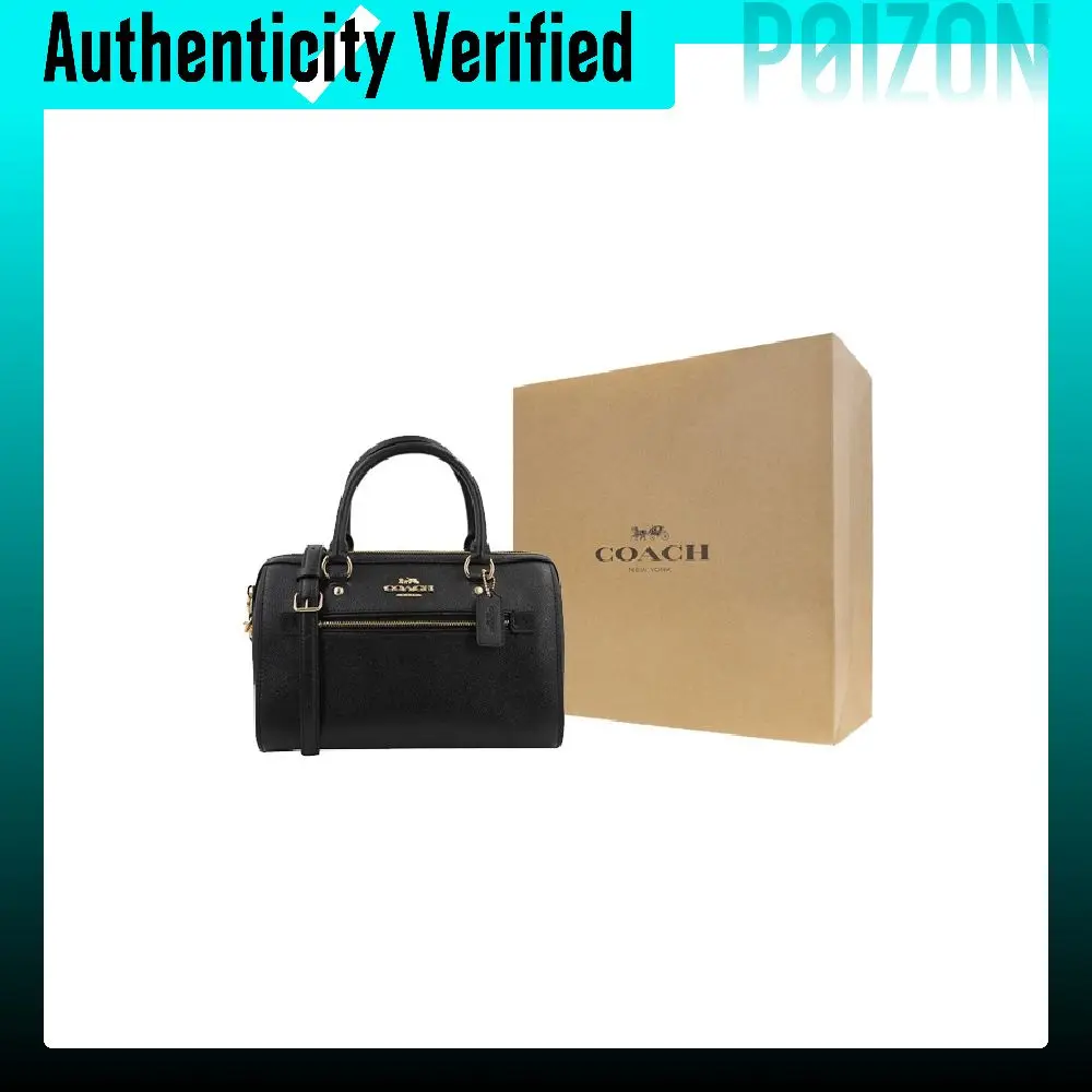 COACH Rowan Cross Grain Leather Boston Bag, One Shoulder Handbag, Crossbody Bag Large Women's Pure Black 79946-IMBLK