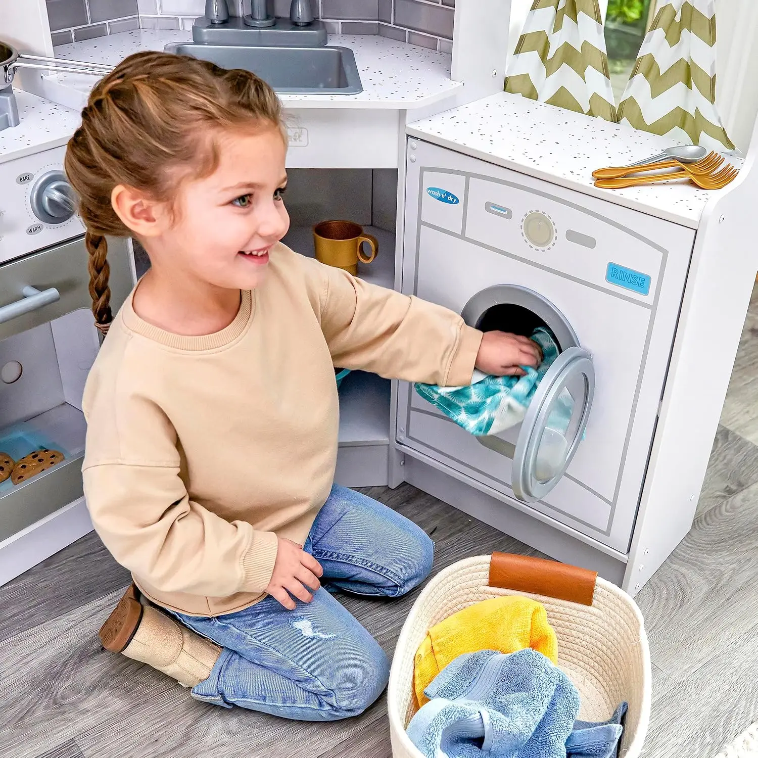 Ultimate Corner Wooden Play Kitchen with Lights & Sounds, Play Phone and Curtains, White