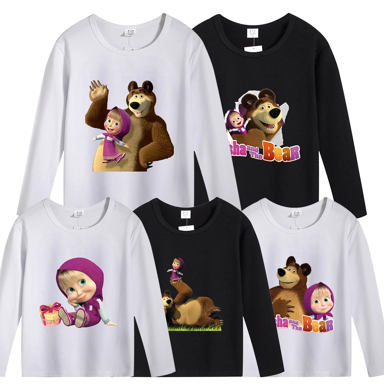 Футболка-с-длинными-рукавами-«Маша-и-Медведи»-для-детей-детская-одежда-с-мультяшным-принтом-белая-черная-милая-аниме-футболка-весенне-осенняя-футболка