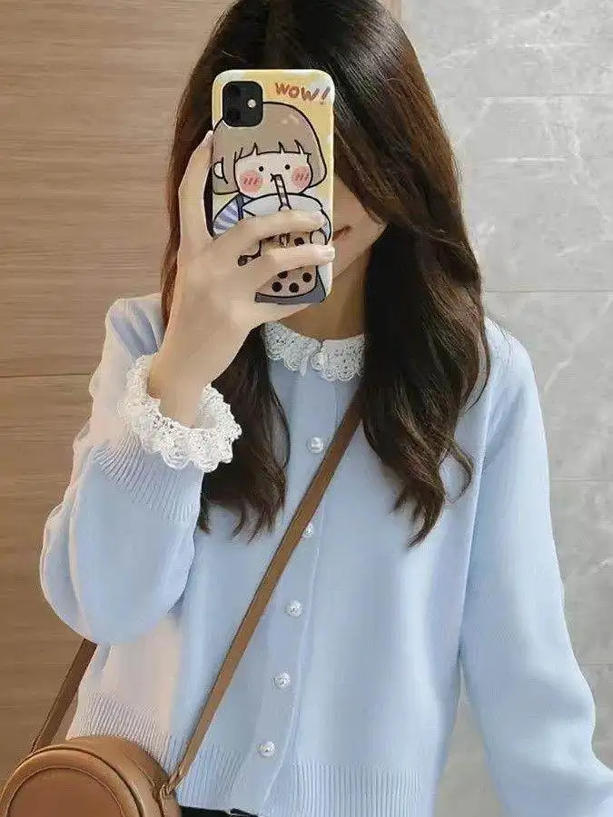Unique Blue Lace Splice Knitted Short Coat Women's Loose Style High End Feeling Sweater Soft Polyester Long Sleeve round Neck