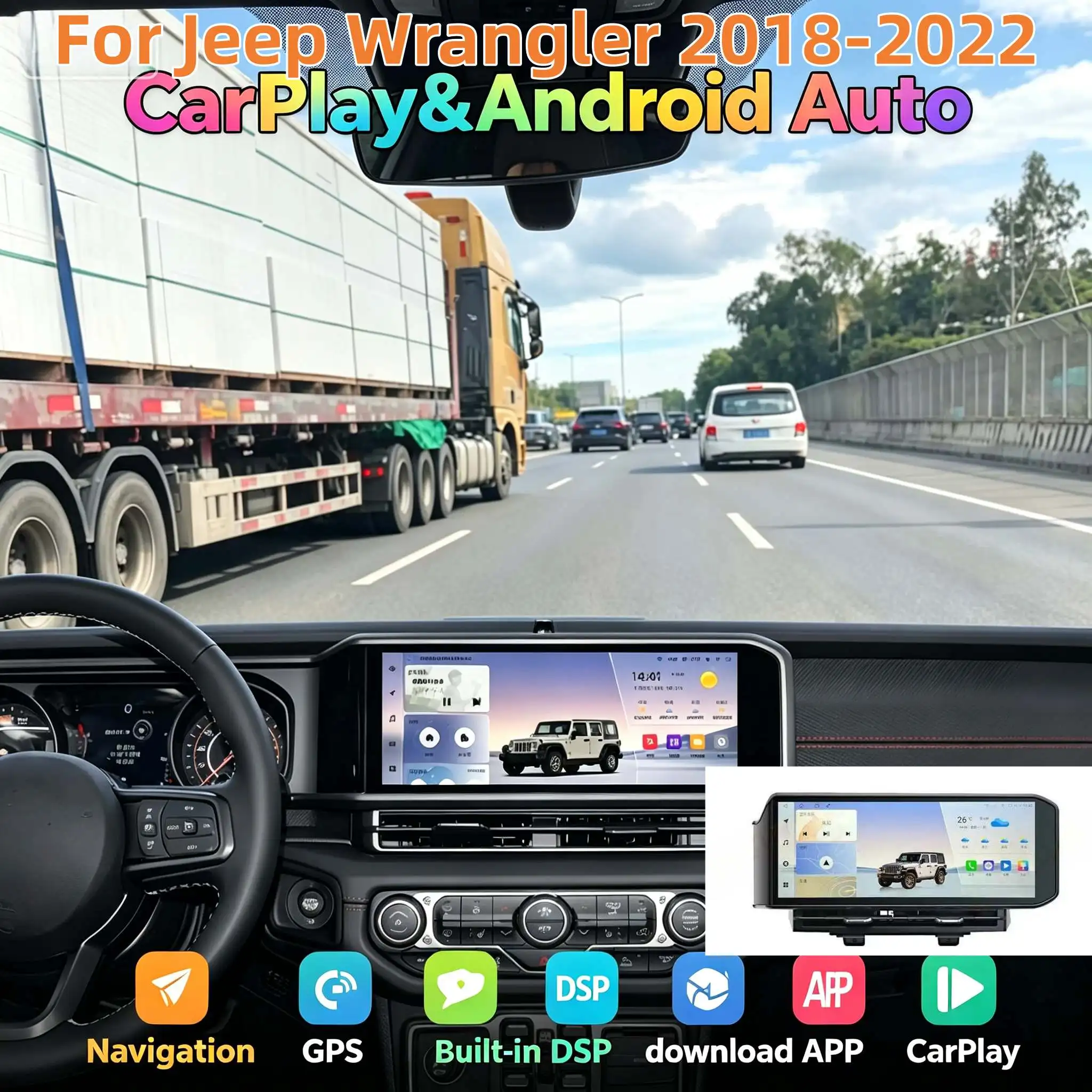 

15-дюймовый автомобильный радиоприемник Android для Jeep Wrangler JL Rubicon Gladiator 2018-2022, Bluetooth 5.0, сенсорный экран, 360-градусный стереозвук/DSP