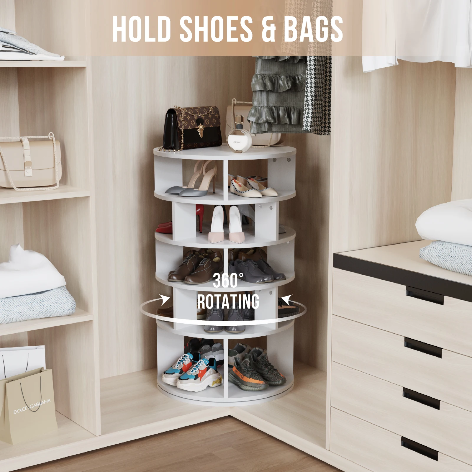 Redlife-Rotating Shoe Rack Tower, Hold Over 24 Pairs of Shoes 360 ° Revolving, Storage Organizer for Closet and Entryway, 5 Tier