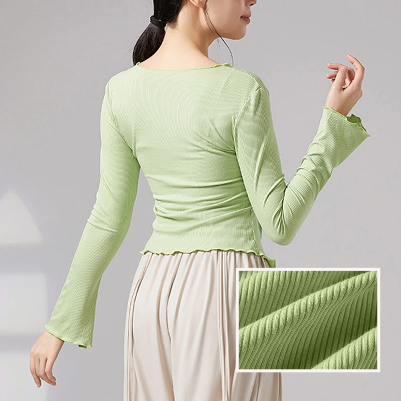 Women Dancing T-Shirt Short Sleeve Ribbed Knit Split Hem Slim Yoga Breathable Top Classical Modern Dance Performance Costume