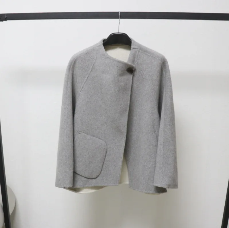 

Women's Chic Autumn Winter Wool Single Button Long Sleeve Loose Coat Lady Streetwear Solid Color Warm Wool Outwear Top