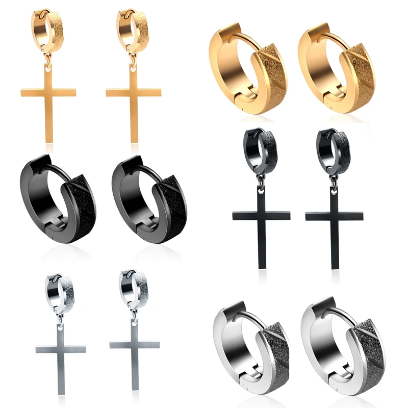 

6 pairs of Stainless Steel Punk Earrings for Men and Women New Popular Cross Ear Hoop Earrings Huggies Pendant Piercing Jewelry