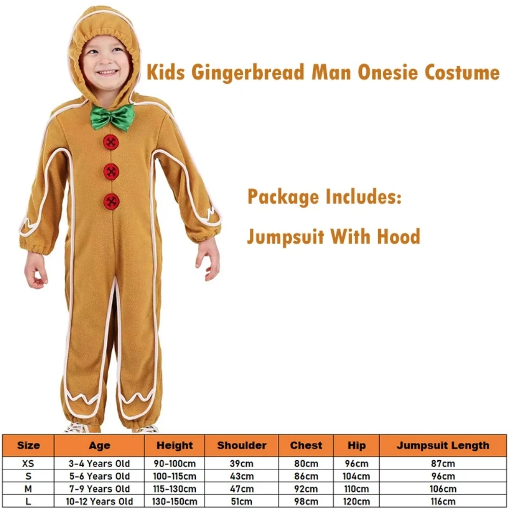 Xmas Gingerbread Man Kids Costume Cute Gingerbread Onesie Pajamas Kids Christmas Cosplay Party Novelty Clothing Holiday Gifts