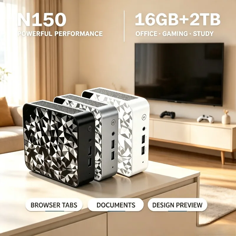 Intel N150, 16GB RAM, WiFi6, BT5.2, 4K Output, Hyper-Portable Compact Mini Desktop PC for Business & Graphic Design.