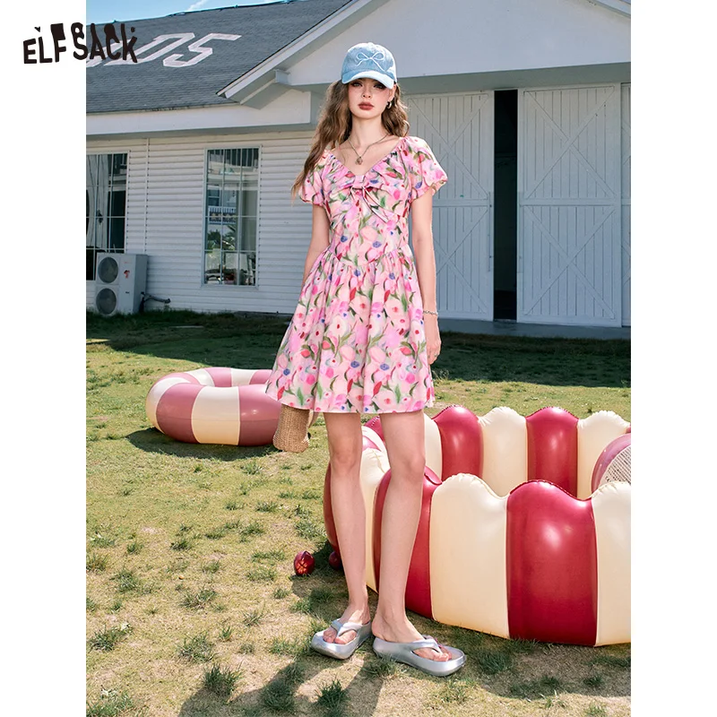 ELFSACK 2024 Summer New Arrivals French V-neck pink floral waist slimming princess dress for women