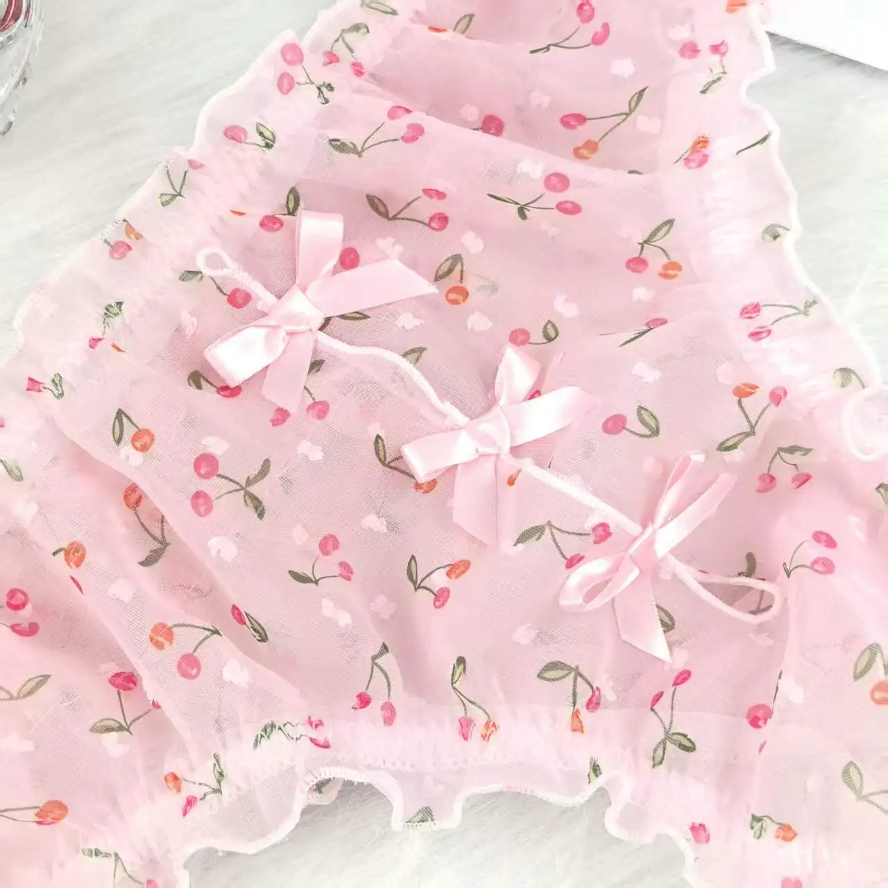 Cute Sweety Chiffon Man's Briefs Japanese Style Cross-dressing Panties Princess Lolita Flower Print Ruffles Soft Underwear view 3