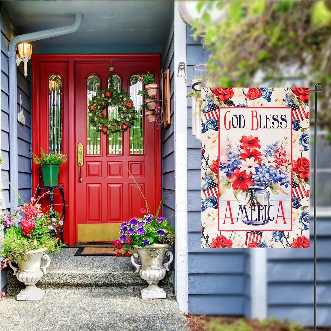 Memorial Day Patriotic 4th of July Garden Flag 12x18 Inch God Bless America Flowers Double Sided for Outside Patriotic Small Bur