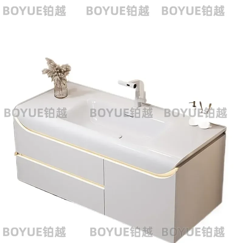 Light Luxury Integrated Basin Bathroom Vanity Cabinet with Rounded Corner Mirror Storage Washbasin Unit Modern Wall Mounted