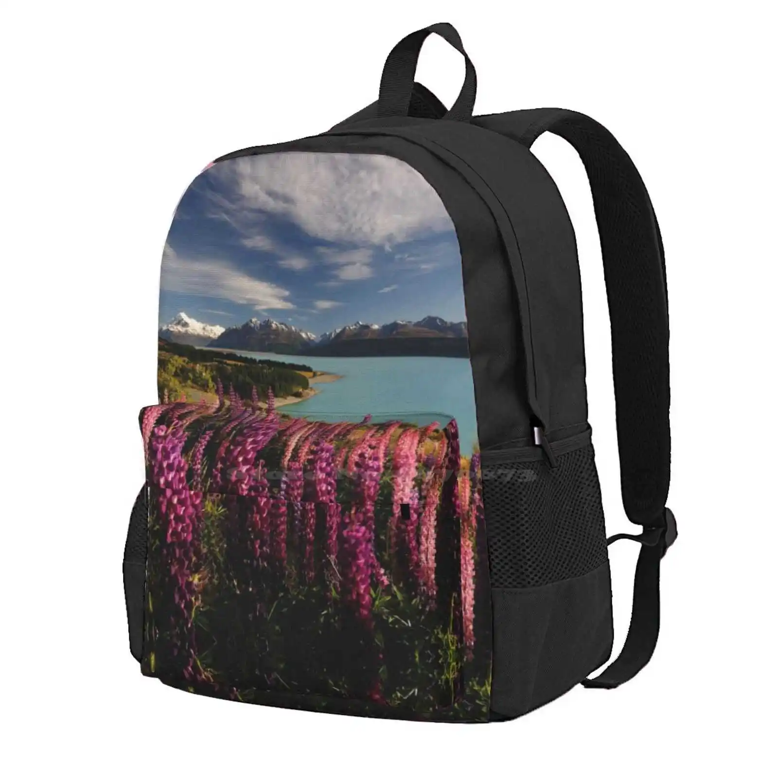 

Pukaki Postcard Hot Sale Schoolbag Backpack Fashion Bags Lupins Travelscapes Mullner New Zealand Lake Pukaki