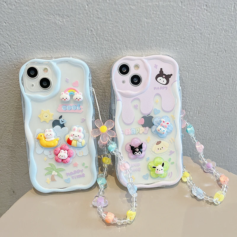 For Xiaomi Redmi Note 13 12 11 Pro Plus 11S 4G 5G Phone Case 3D Cartoon Kuromi Flower Wristband Chain Soft Toy Cover