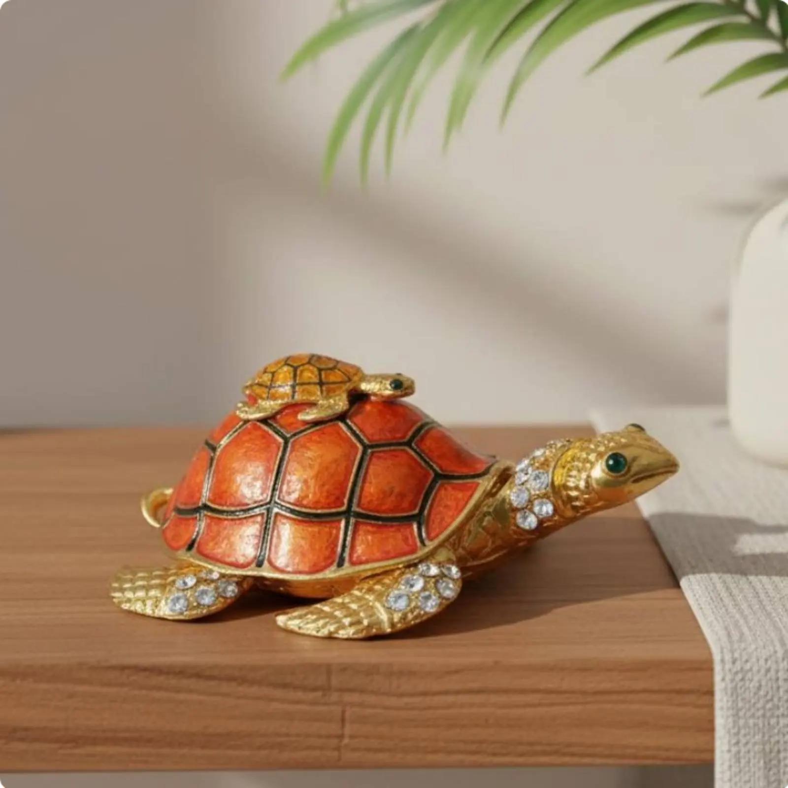 Caja de Tortuga Madre e Hijo, Bañada en Oro y Esmaltada, Figura de Tortuga Adornada con Joyas, Hecha a Mano para Tocador