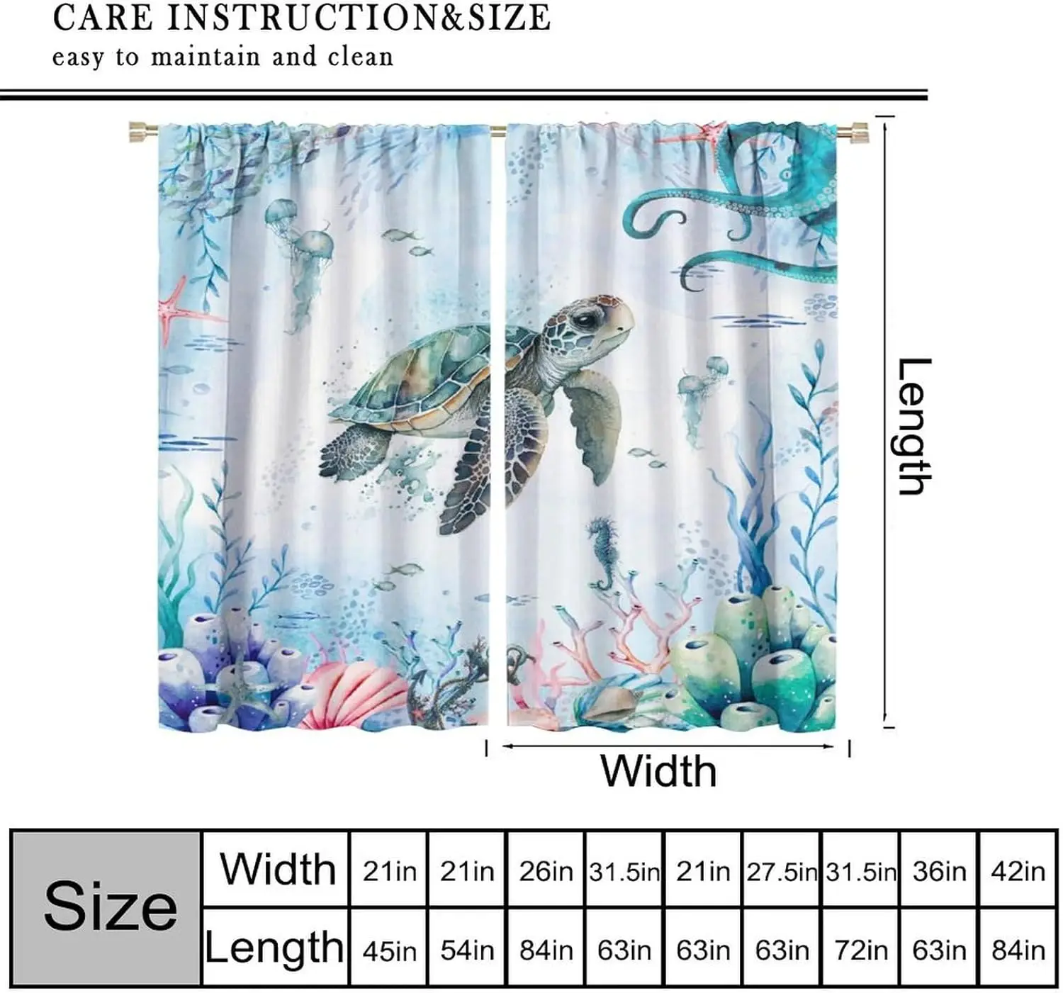Turtle Ocean Curtains, Watercolor Cartoon Sea Animals Octopus Coral Shell Seahorse Jellyfish Window Treatments Drapes for Kids