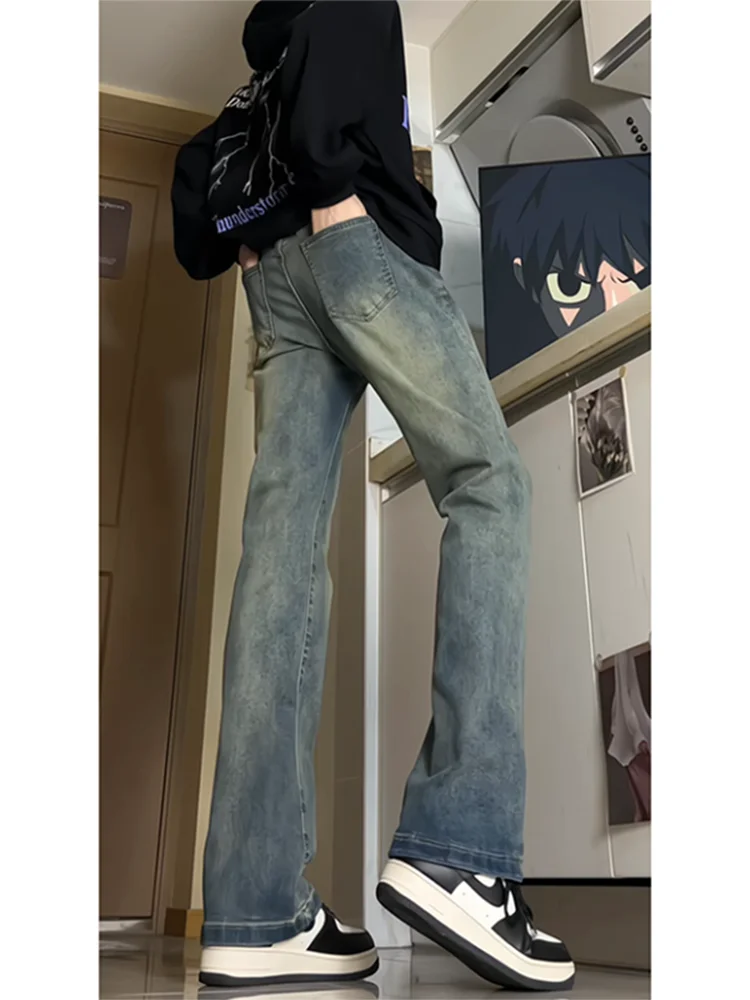 

Мужские джинсы из синего денима в стиле ретро, осенне-зимние, в американском уличном стиле, с легким расклешением, узкие, прямые, длинные брюки