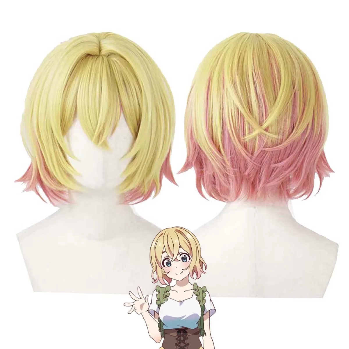 Women Anime Rent-A-Girlfriend Asami Nanami Short Yellow Gradient Pink Cosplay Wigs
