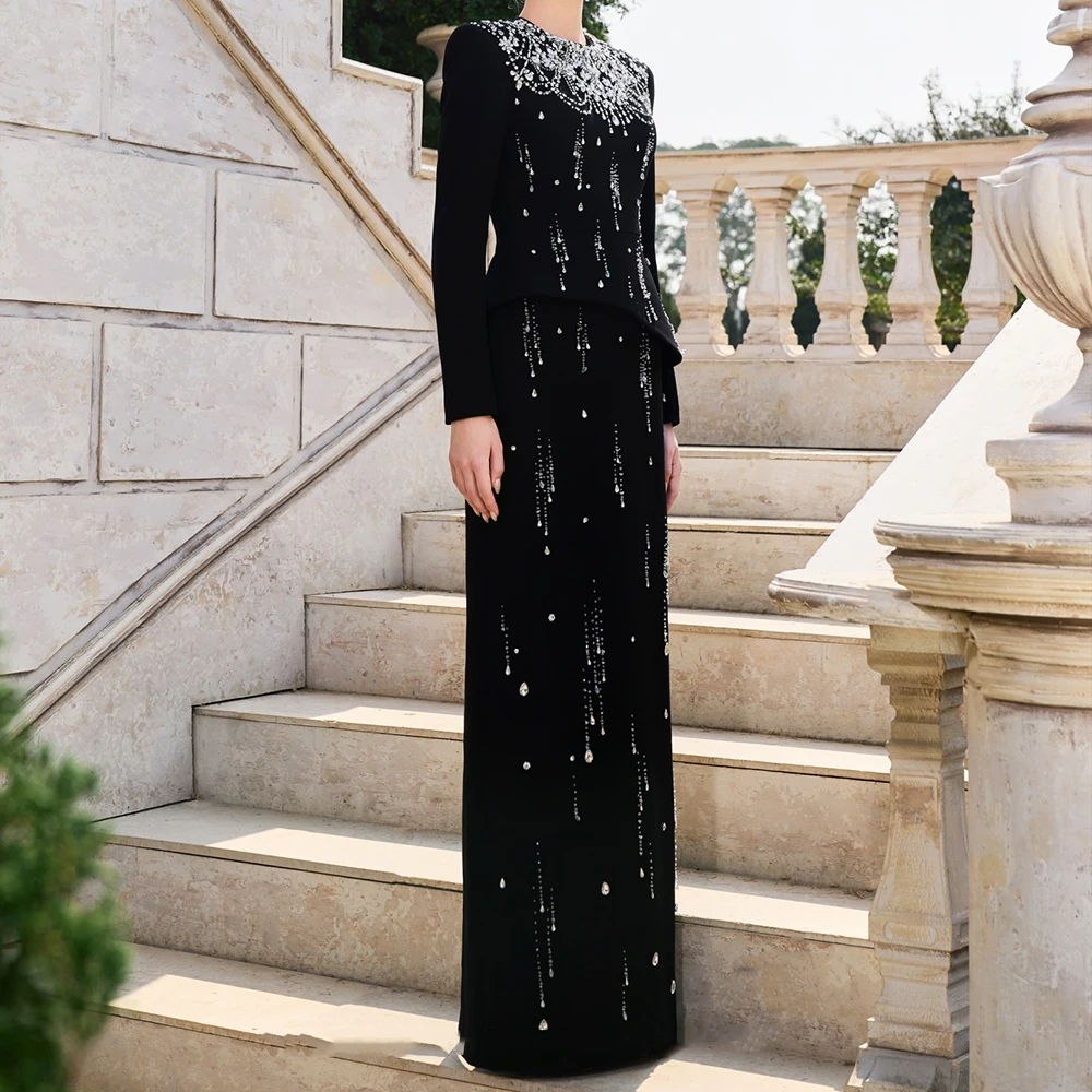 맞춤형 고급스러운 스트레이트 이브닝 드레스 바닥 길이 하이넥 풀 슬리브 프롬 가운 심플 패션 크리스탈 파티 가운