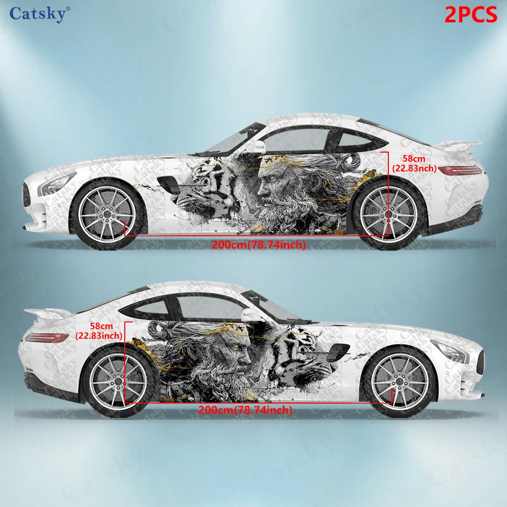 2pcs Majestic Viking Tiger Warrior Car Side Decals, Self-Adhesive PVC Waterproof & Scratch-Resistant Sticker, Car Accessory Gift