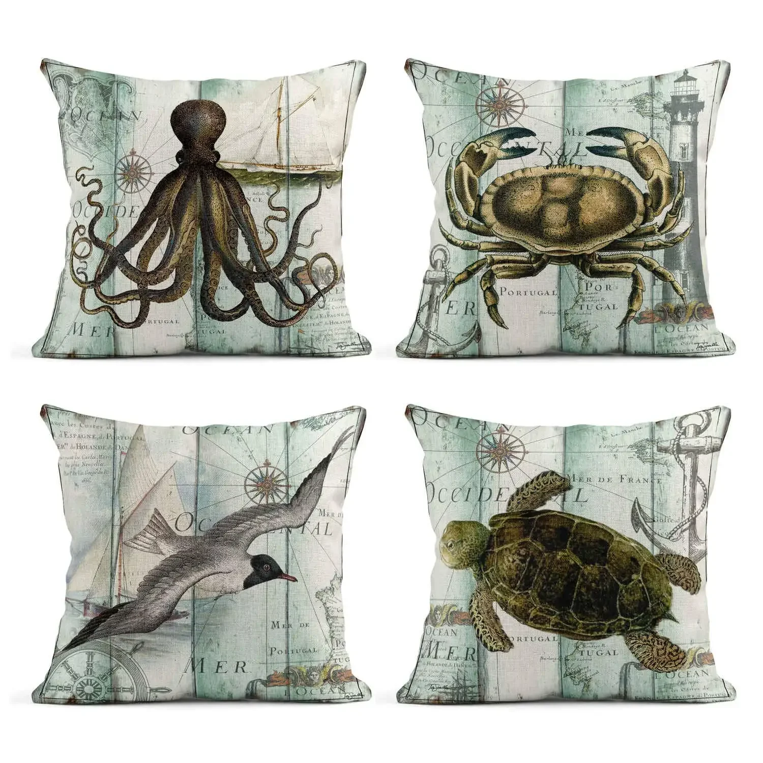 Octopus sea turtle sea bird crab nautical linen pillowcase sofa cushion cover home decoration can be customized for you 40x40