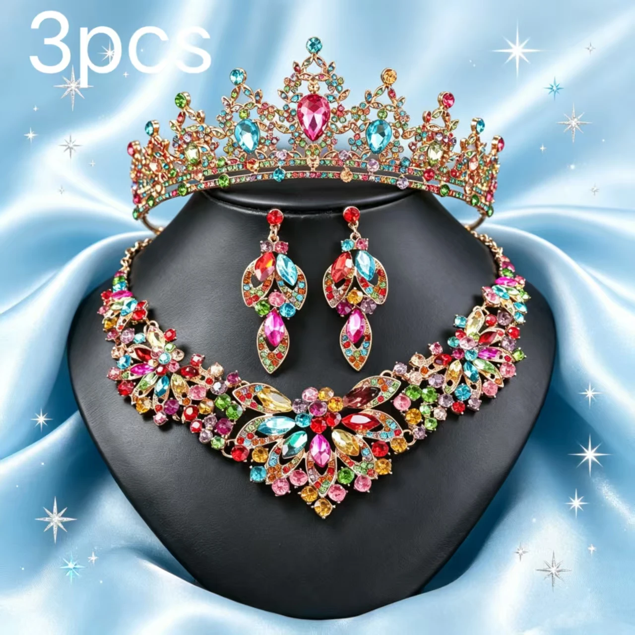 Luxury Crown Necklace Earrings Set Colorful Water Crystal Crown Party Theme Party Wedding Headwear Beauty Contest Set